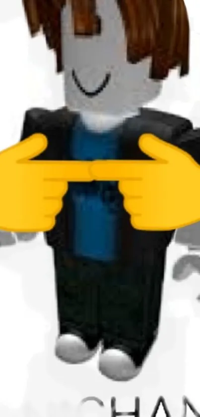 3D Roblox avatar with yellow emoji hands.