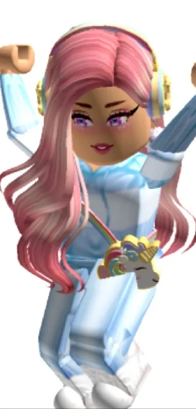 Roblox avatar with pink hair and blue outfit in vibrant style.