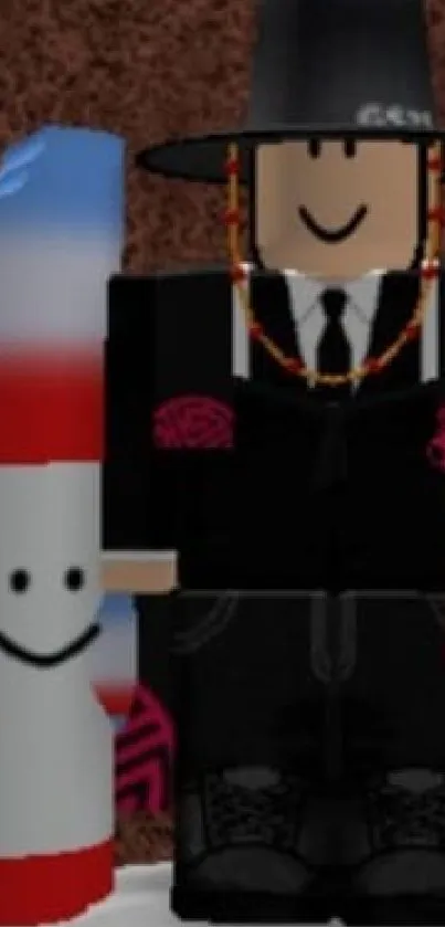 Vibrant Roblox character with smiling block in brown.