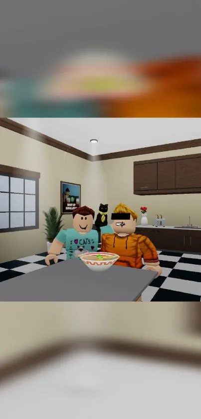 Roblox characters in a kitchen scene with a light and playful atmosphere.