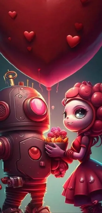 Cute robot and girl with heart balloon in vibrant colors.