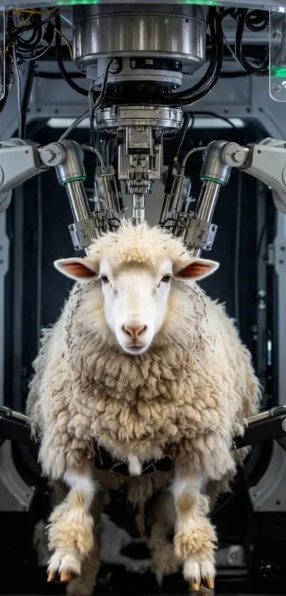 Sheep integrated in futuristic robotic machinery
