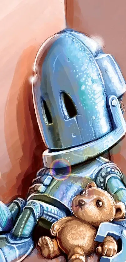 Blue robot hugging teddy bear in corner art wallpaper.