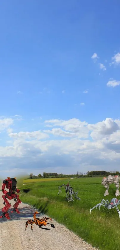 Robots clash in a country landscape under a blue sky with green fields.