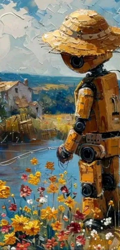 Whimsical robot in a colorful flower field by the pond.