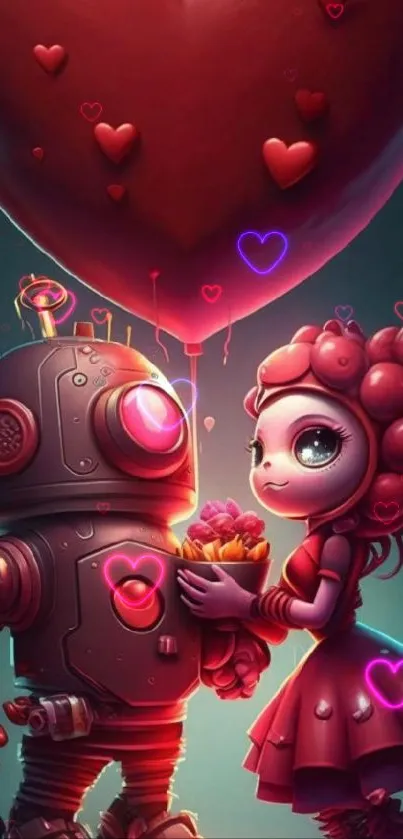 Robot and girl with heart balloon mobile wallpaper.