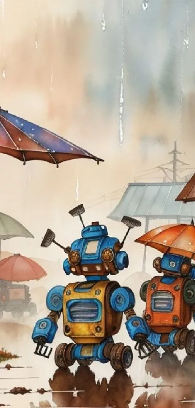 Two colorful robots with umbrellas walking on a rainy street.