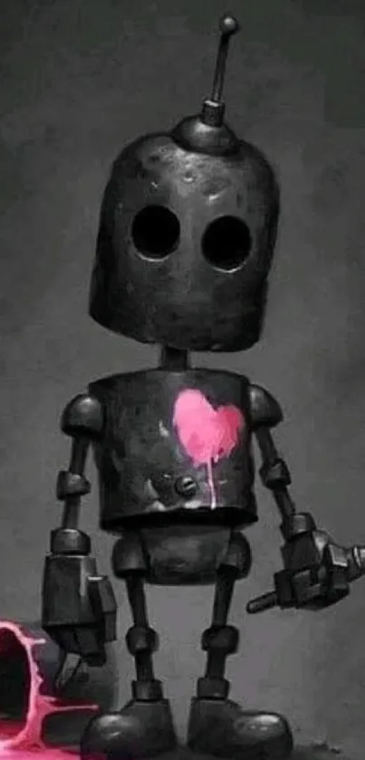 Black robot with pink heart graffiti on dark background.