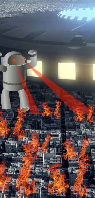 Robot and UFO over city with flames, sci-fi wallpaper.