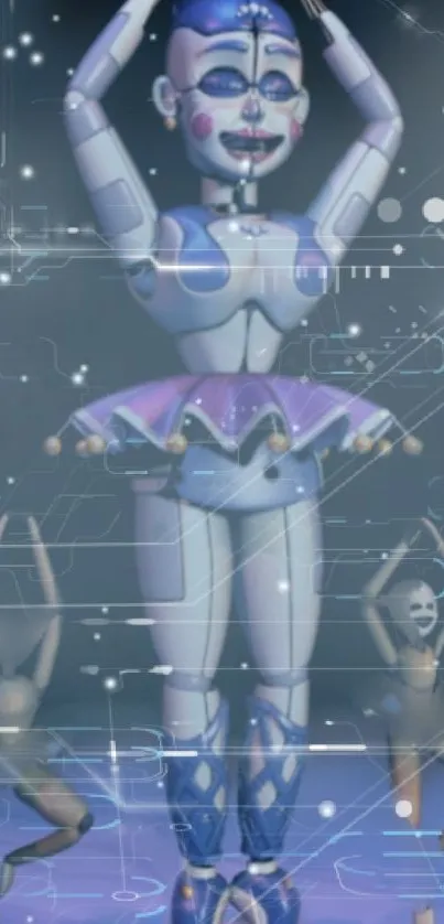 Robotic ballerina with digital elements on a futuristic background.