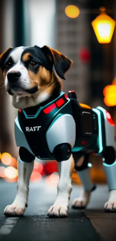 A robotic dog with neon accents stands on a city street at night.