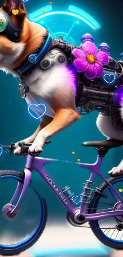 Futuristic robotic dog riding a neon bicycle.