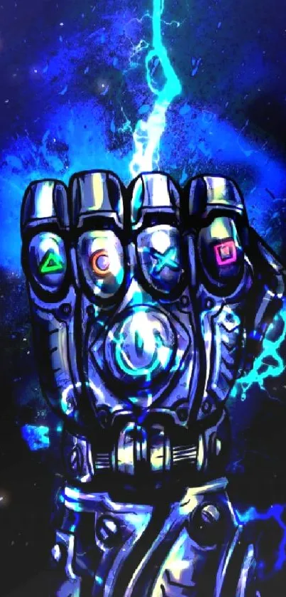 Futuristic robotic glove with blue lightning on a dark background.