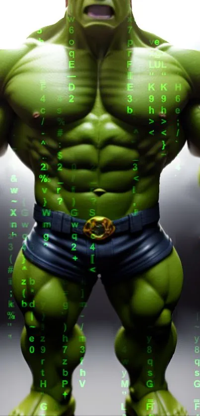 Futuristic green giant with digital data streams mobile wallpaper.