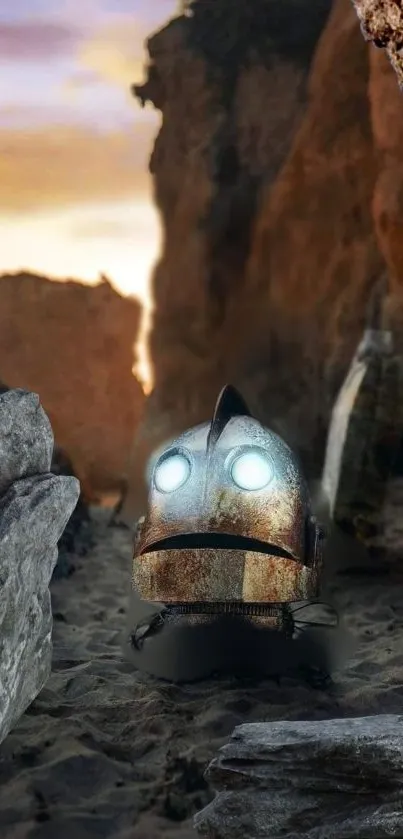 Robotic head amidst desert rocks at sunset.