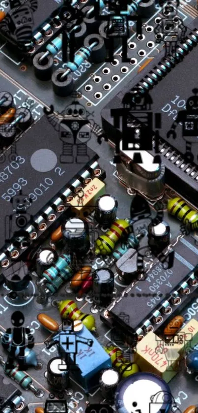 Circuit board with robot art elements in a dark, tech-themed wallpaper.