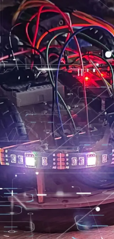 A close-up of a robotic car with LED lights on a wooden surface.