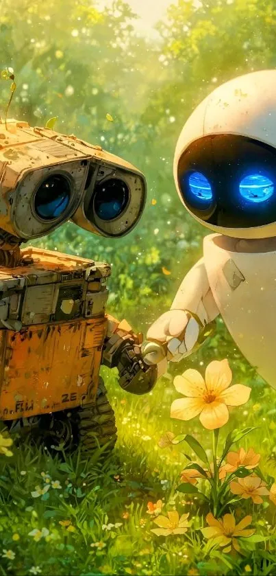 Two animated robots in a sunlit garden with flowers.