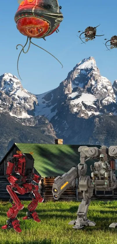 Futuristic robots with mountain view