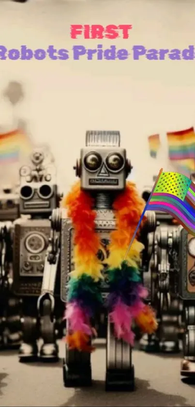 Robots marching with pride flags in a colorful, artistic parade.