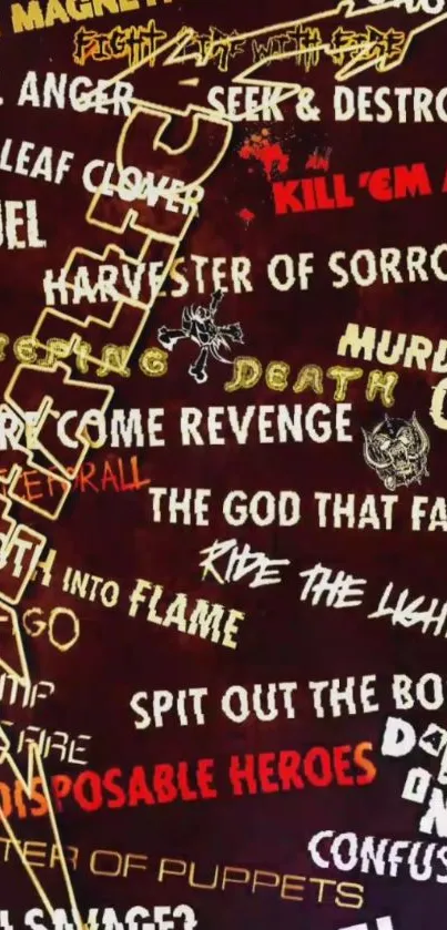 Collage of rock album and song titles in bold, vibrant colors on a dark background.