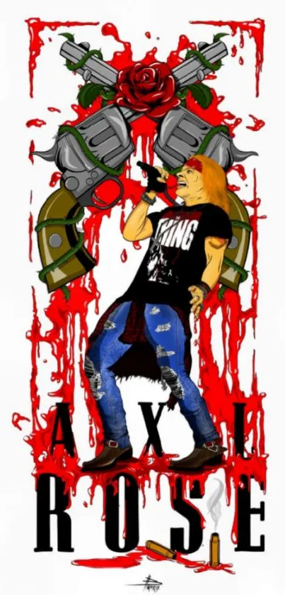 Cartoon musician with crossed guns and roses.