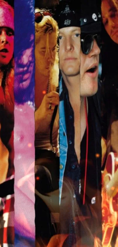 Collage wallpaper of iconic rock band members with vibrant colors.