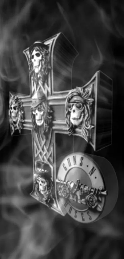 Black and white rock band cross design with smoky effect.