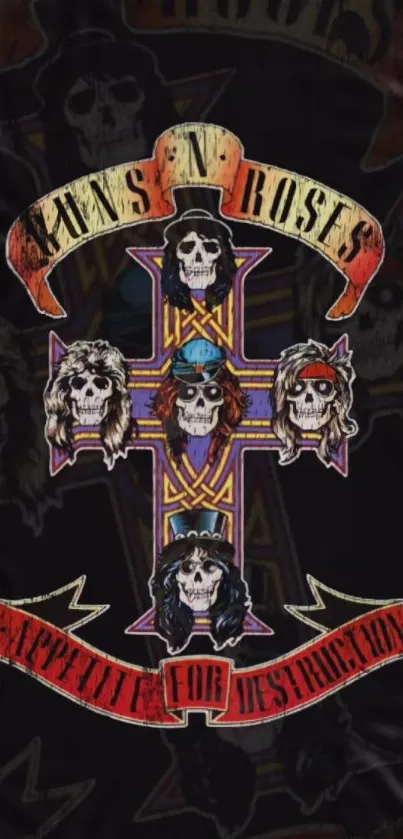 Rock band skull design on a cross with vibrant colors.