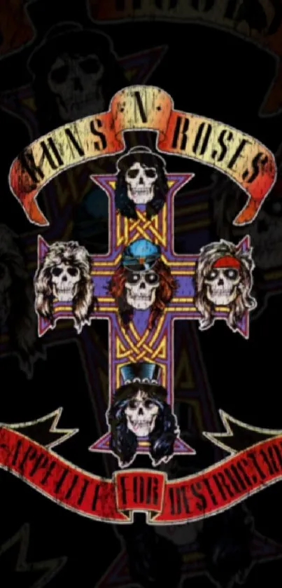 Crossed skulls design featuring iconic rock band members on a dark background.