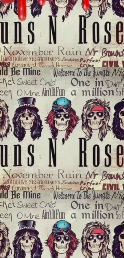 Guns N' Roses wallpaper with skulls and song titles in a vintage style.