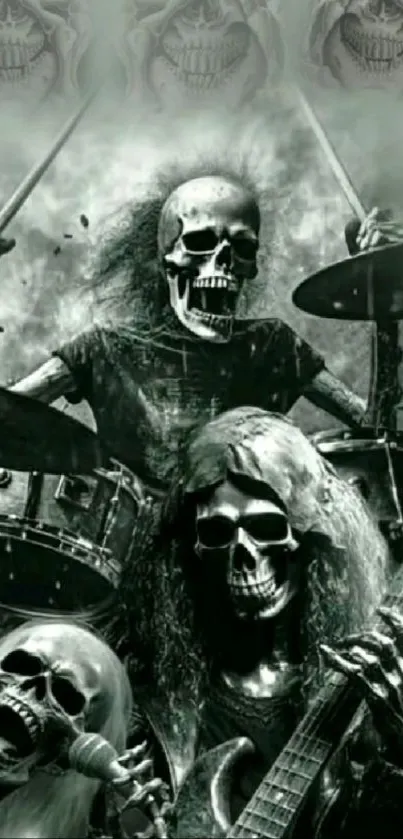 Skeleton musicians in a rock band creating an eerie and dramatic scene.