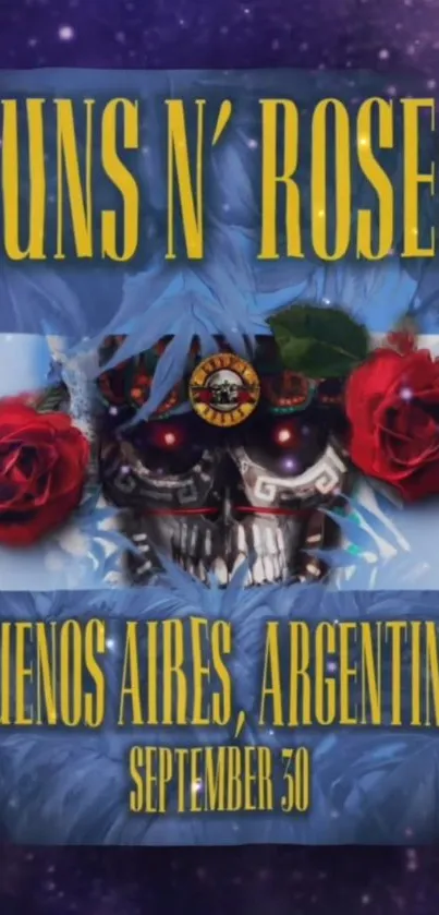 Rock band skull with roses, Buenos Aires concert theme.