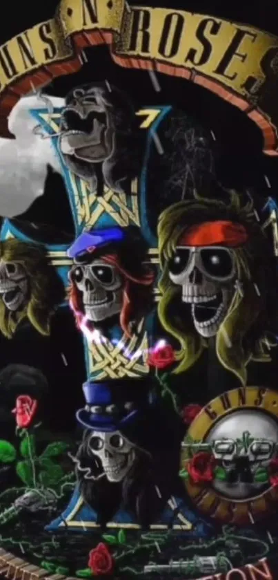 Rock band skull art on dark background with vibrant colors.