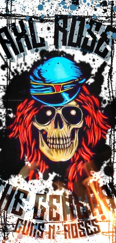 Colorful rock band skull wallpaper with splatter effect and bold graphics.