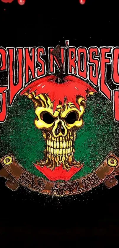 Edgy rock band skull art with red and green colors on black background wallpaper.