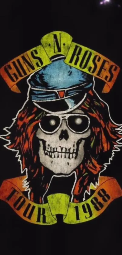 Guns N' Roses 1988 tour skull artwork on black background.