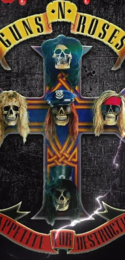 Rock band themed wallpaper with vivid skull art and cross design.