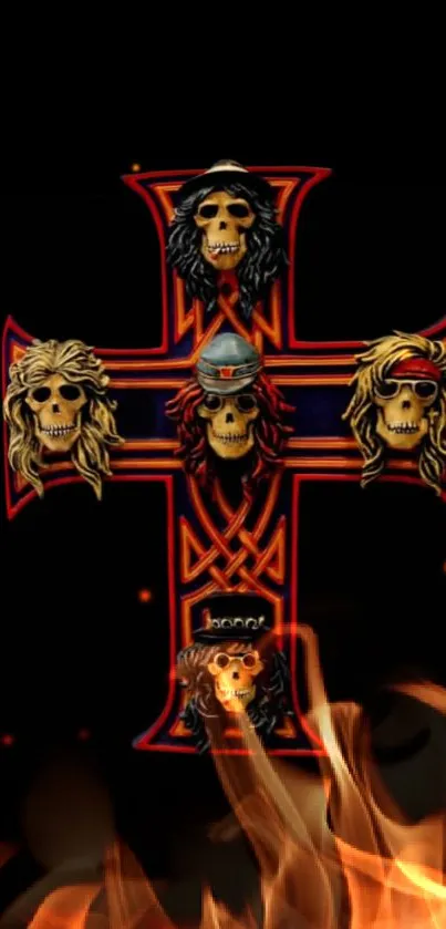 Mobile wallpaper featuring a skull-themed cross with a fiery background.