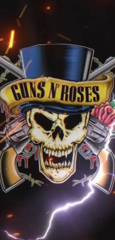 Rock-themed wallpaper with skull, guns, and roses design.