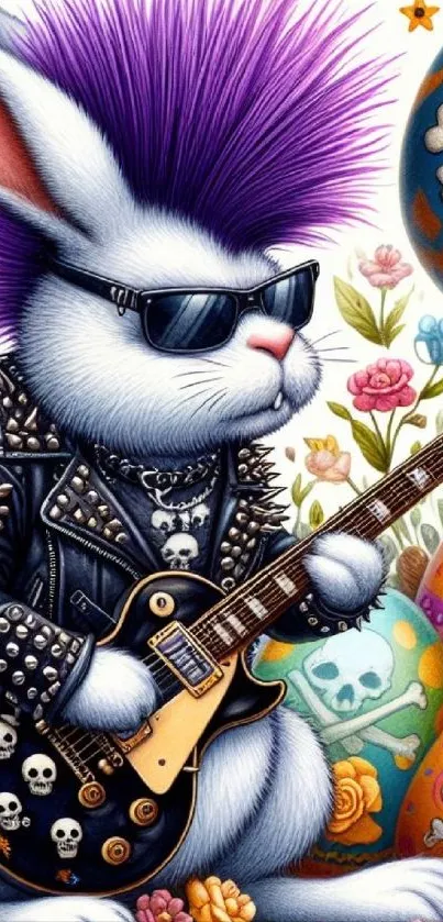 Rock-style bunny playing guitar with purple hair and colorful background.