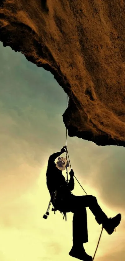 Silhouette of a rock climber against a sunset sky.