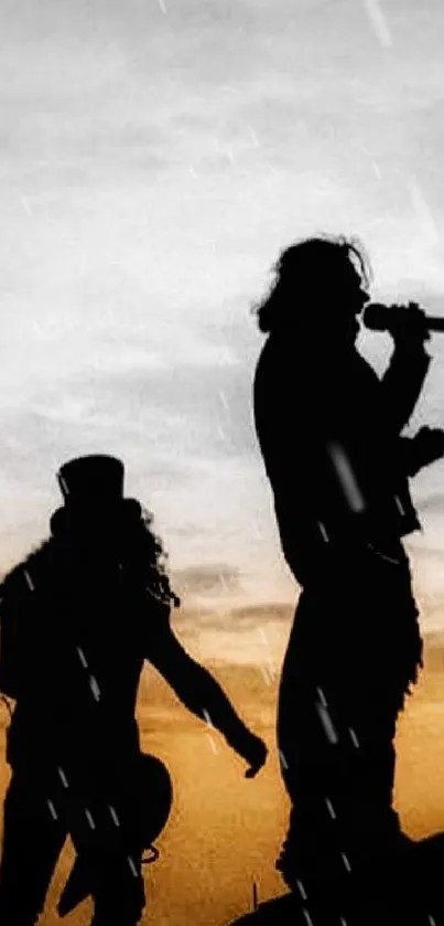 Silhouette of musicians performing at sunset in a rock concert scene.