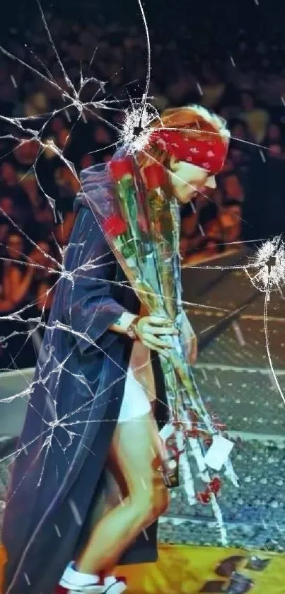 Rock concert performer with roses on stage.