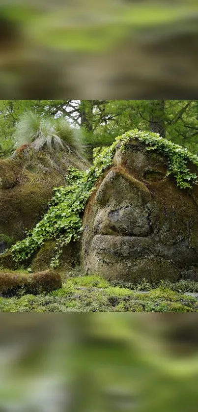 Moss-covered rock faces in a lush forest, creating a serene and tranquil scene.