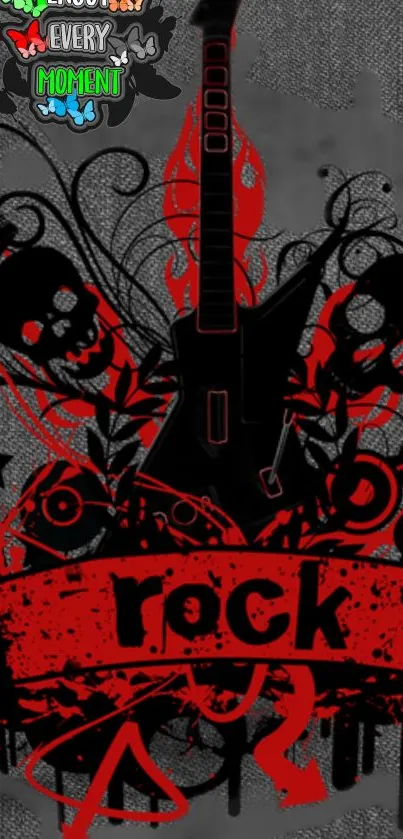 Rock guitar and skull art wallpaper with red and black theme.