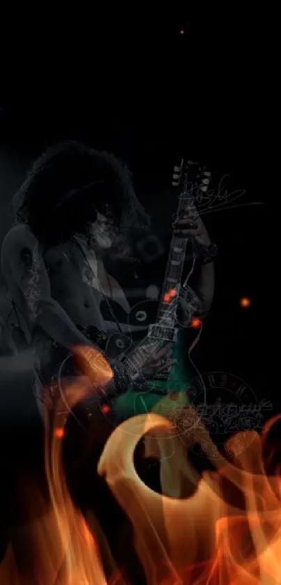 Rock guitarist with fiery flames background.