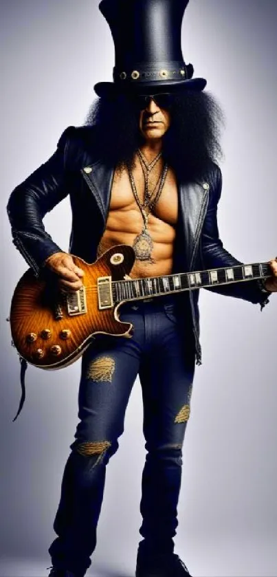 Iconic rock guitarist with electric guitar in leather outfit, stylish mobile wallpaper.