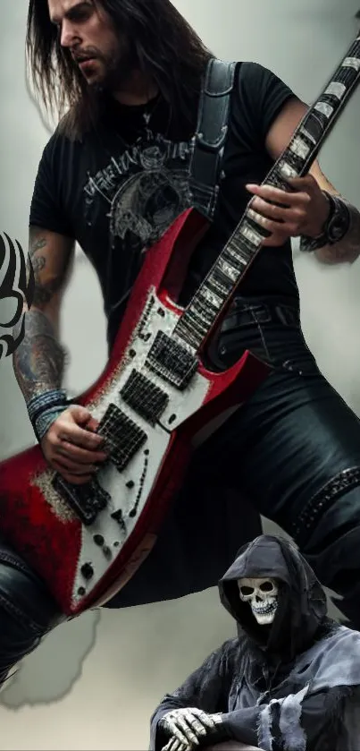 Rock guitarist with red guitar and grim reaper theme wallpaper.