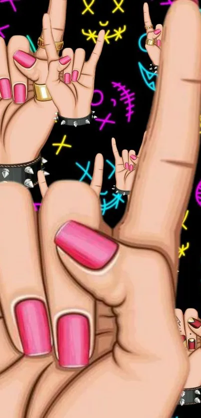 Rock hand gesture with colorful background.